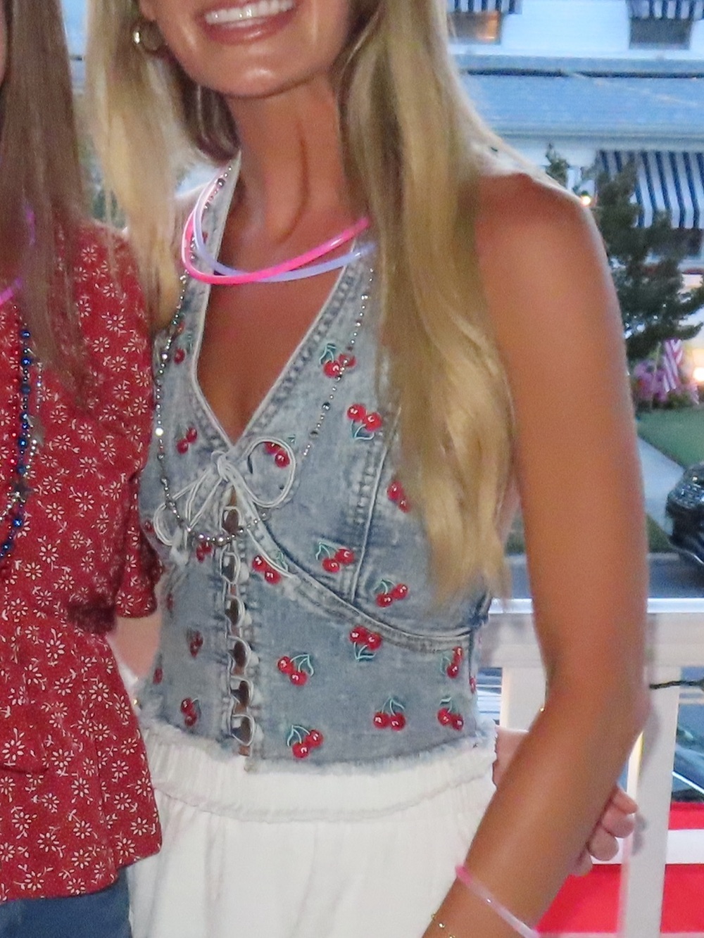 Embroidered Denim Crop Top with Cherry Detail - Light Blue